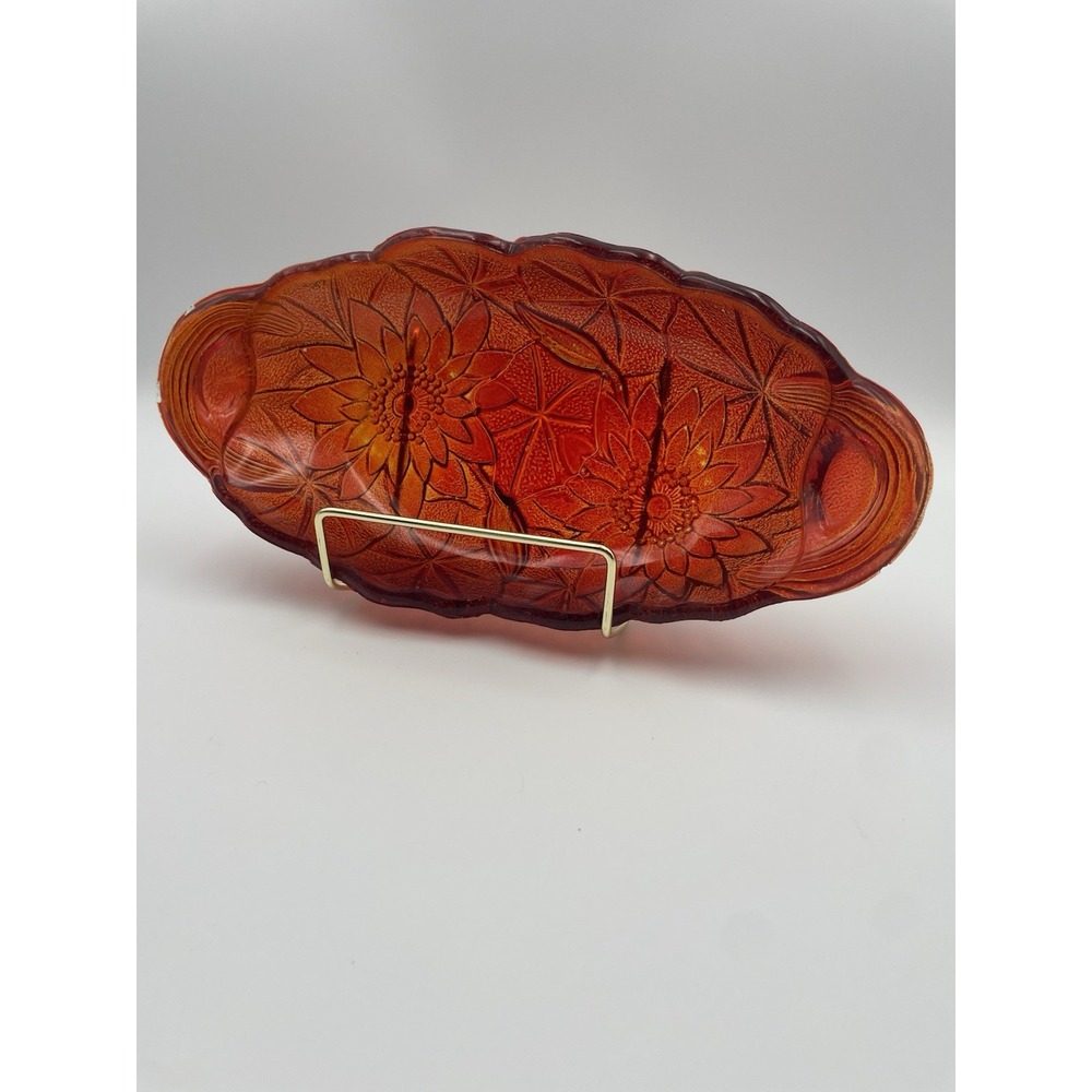 Indiana Glass Red Flash Lily Pons Pickle Relish Dish Handled Oval‎ Bowl Trinket